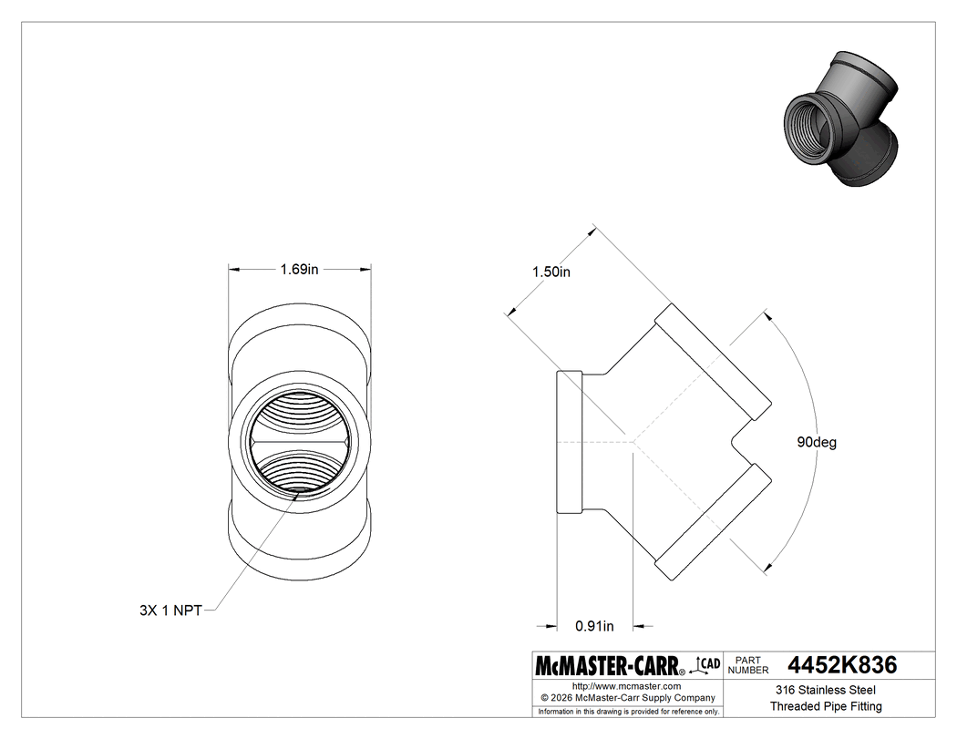 Technical Drawing of 316 Stainless Steel Threaded Pipe Fitting, Low-Pressure, Wye Connector, 1 NPT Female.